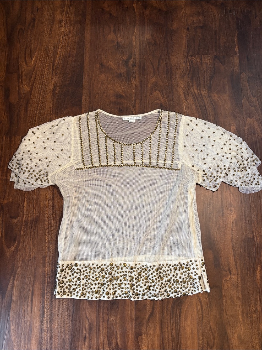 Alphamoment Beaded Sheer Mesh Short Sleeve Festival Top